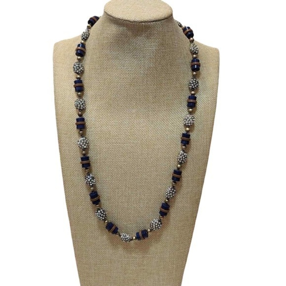 J. Crew Navy Blue and Tortoise Beaded Pave Crystal Statement‎ Necklace Bronze